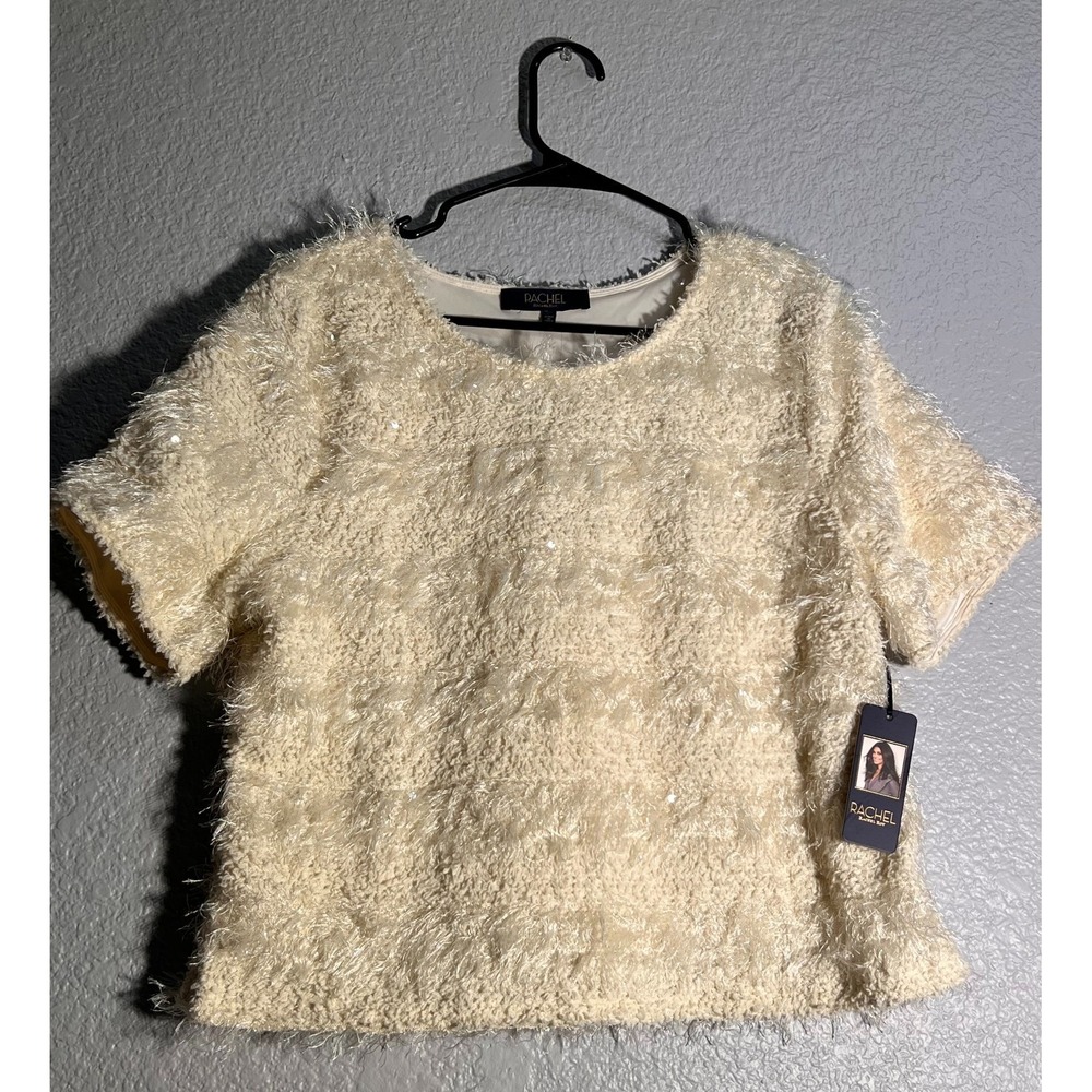 NWT RACHEL Rachel Roy Size L Cream Shaggy Eyelash Faux Fur Crop Top New